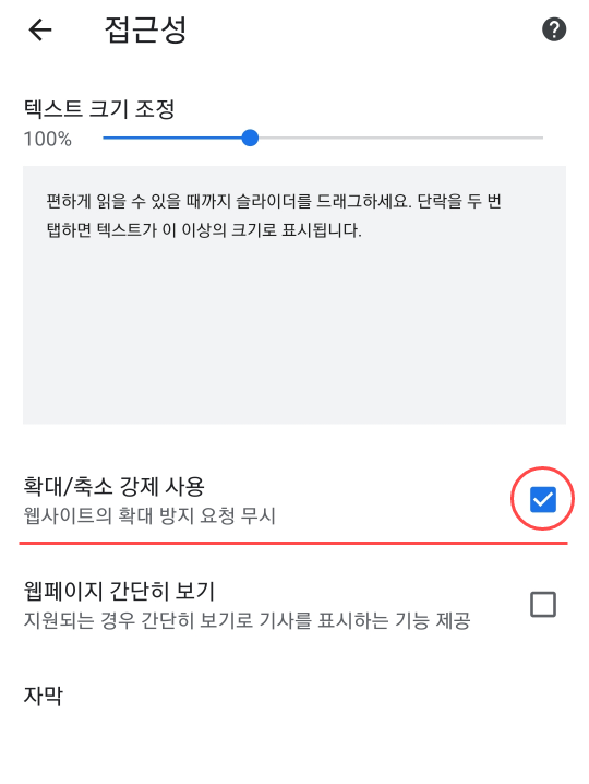텍스트 크기 조정과 확대/축소 강제 사용 옵션 화면
