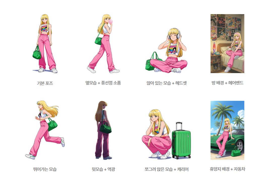 AI 변형으로 만든 같은 캐릭터의 포즈 의상 배경 예시 두 번째