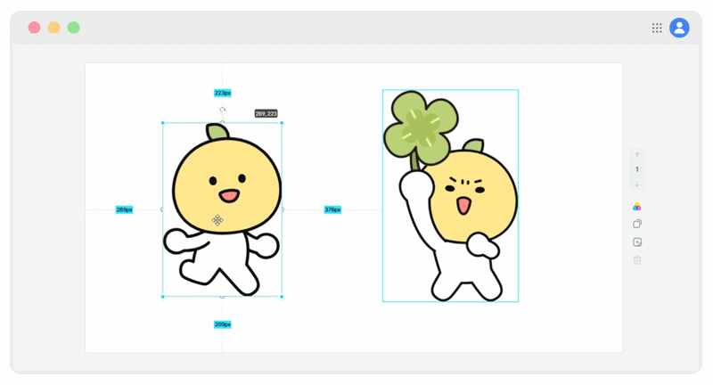 요소를 움직일 때 캔버스와의 거리와 요소 간 간격이 숫자로 표시되는 모습