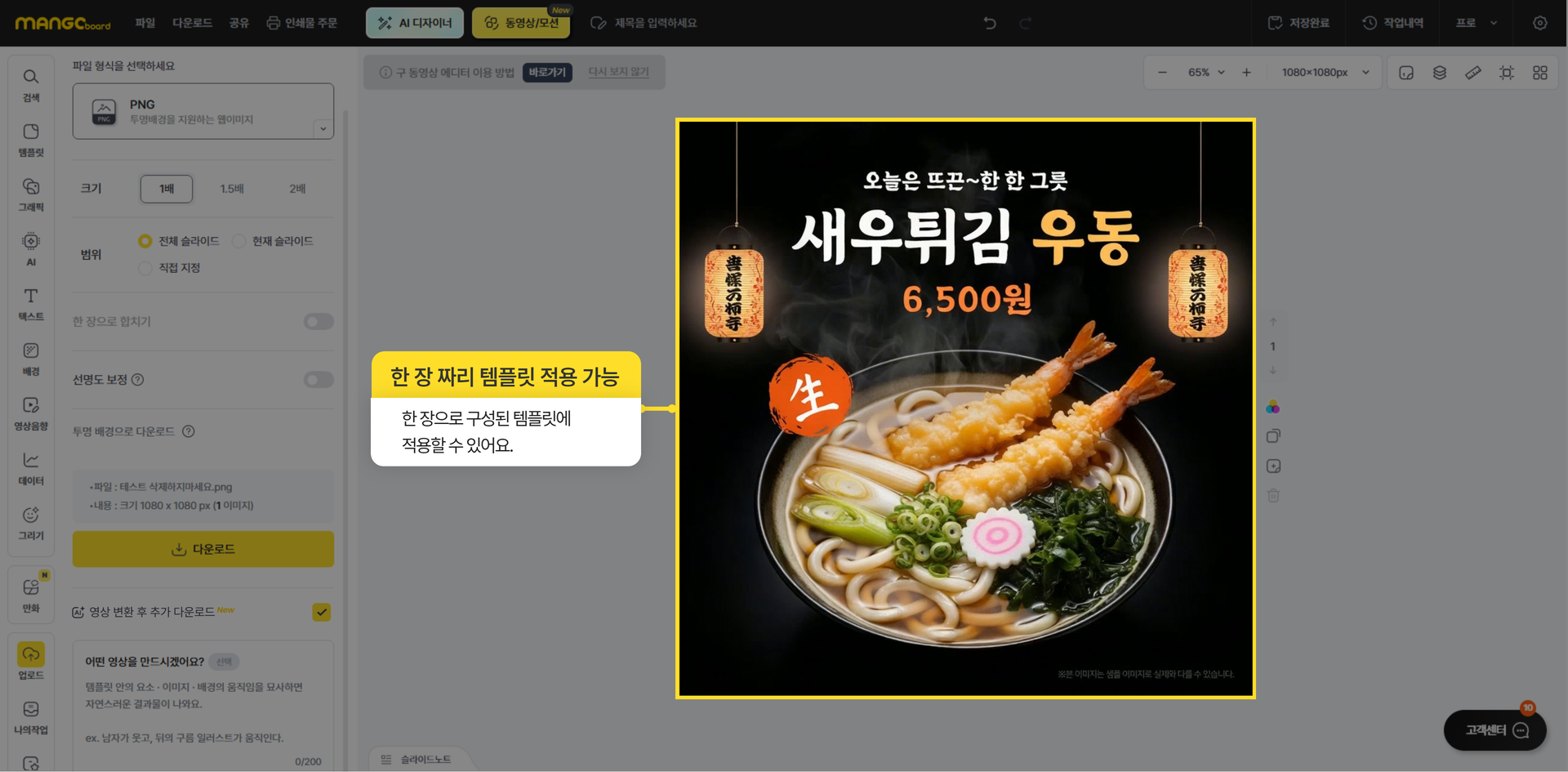 한 장 중심 템플릿에 영상 변환을 적용한 예시