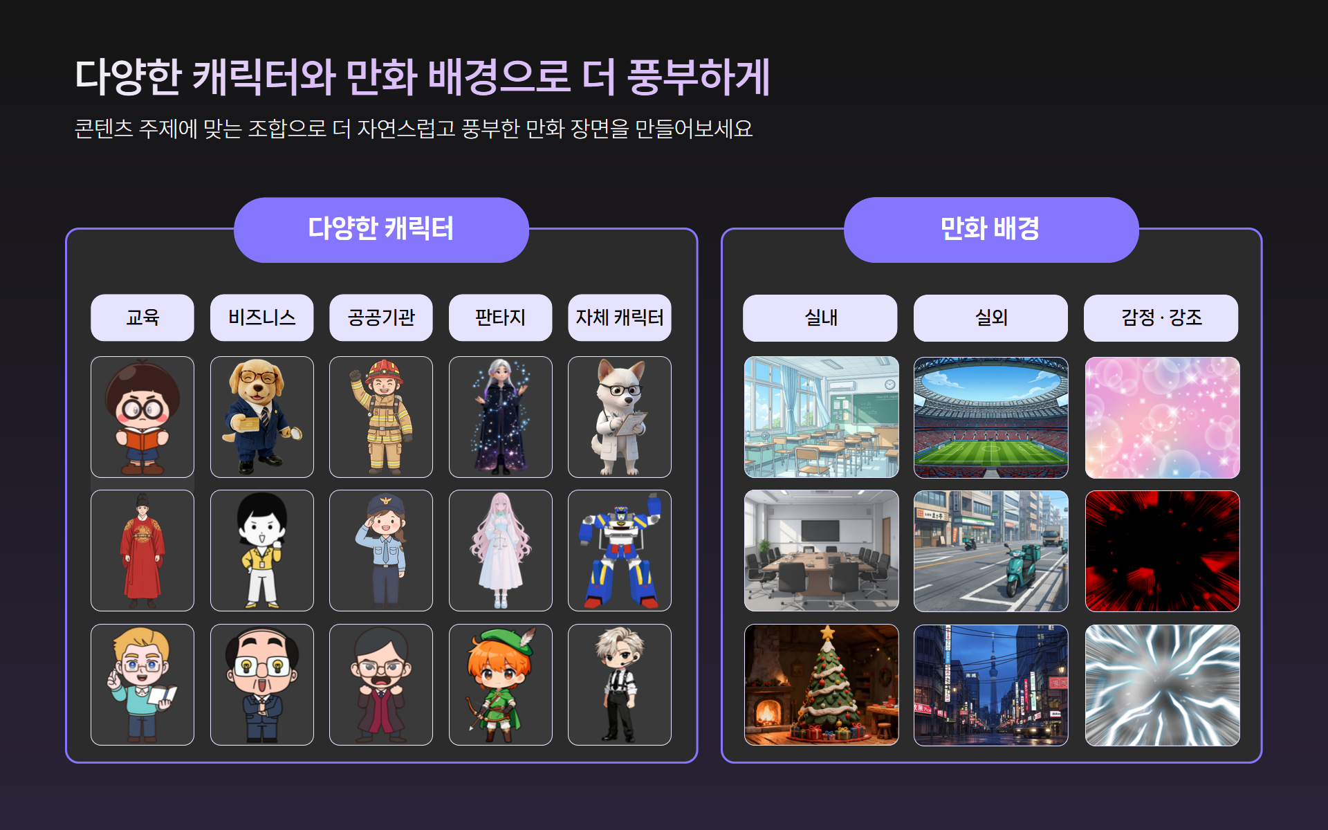 교육, 기업, 공공기관, 판타지 등 분야별 캐릭터와 만화 배경 예시