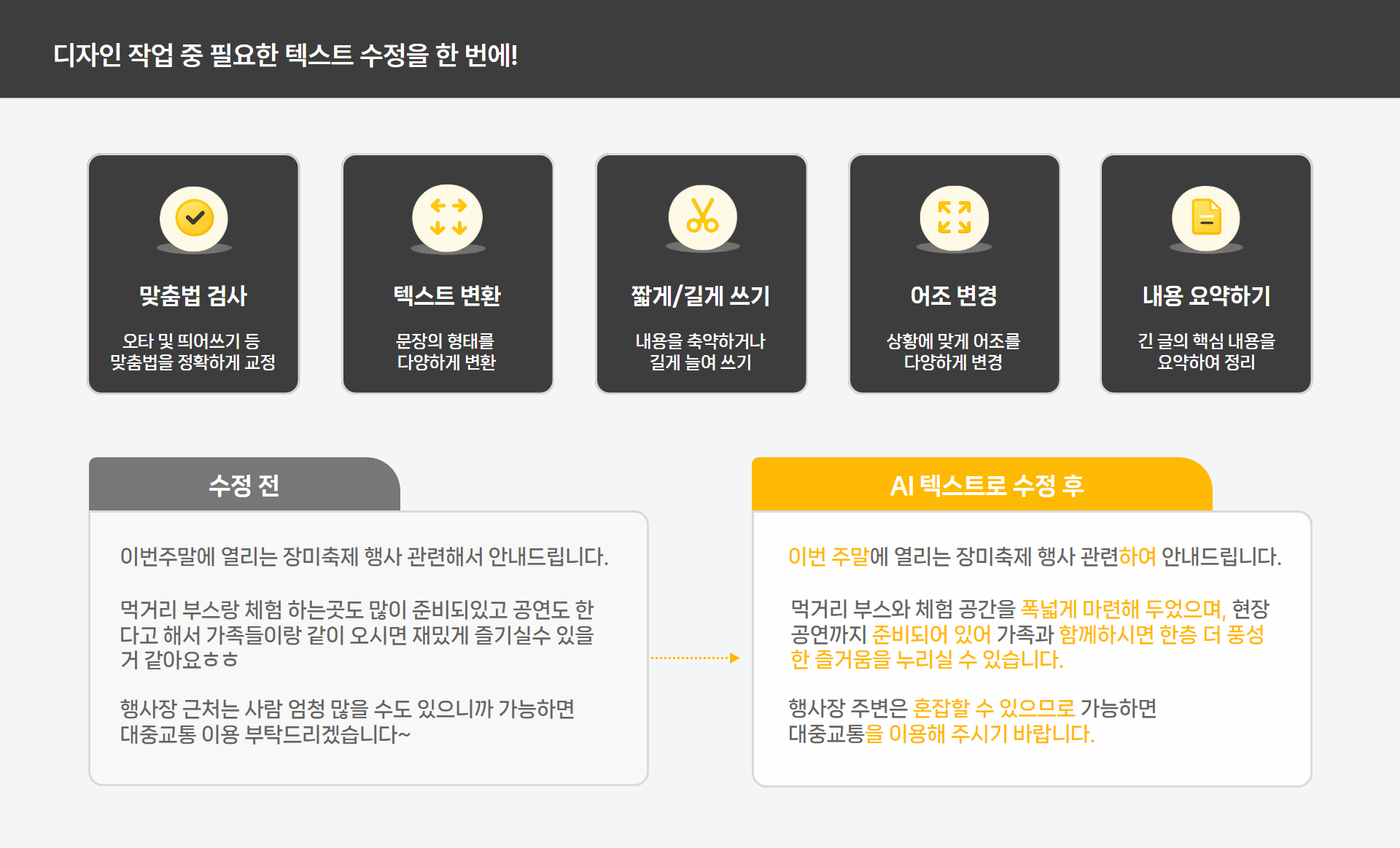 AI 텍스트 기능으로 텍스트를 수정하는 화면