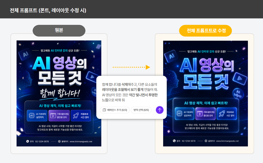 전체 프롬프트로 디자인을 수정하는 예시 첫 번째