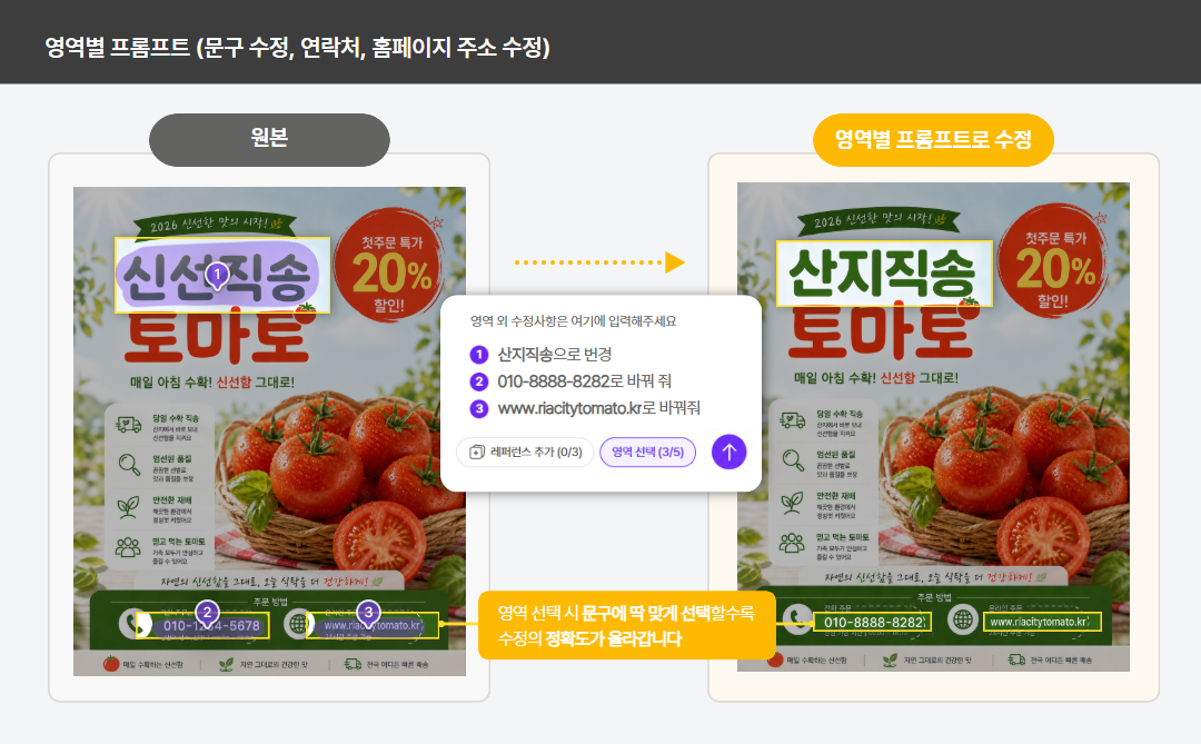 영역별 프롬프트로 특정 정보만 수정하는 화면