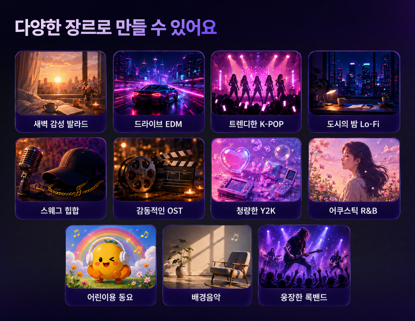 AI 노래 만들기에서 고를 수 있는 다양한 장르 예시